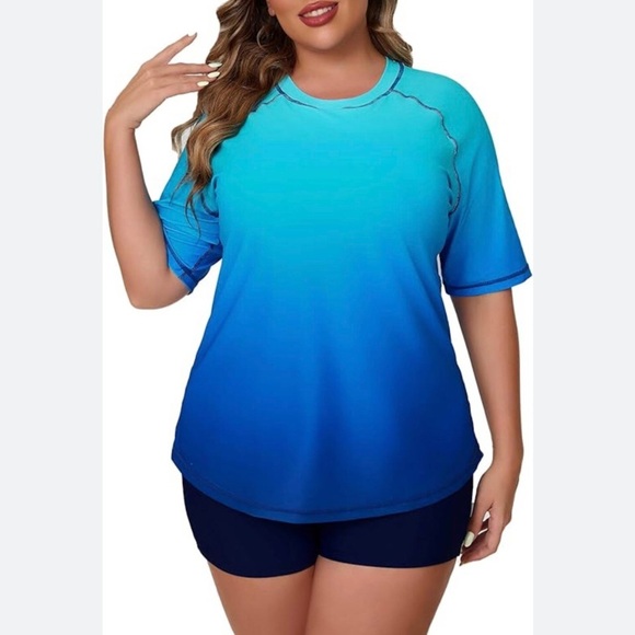 Joybik Blue Gradient Rashguard UPF50 With Black Swim Shorts Set Plus Size 3X/4X - Picture 1 of 16